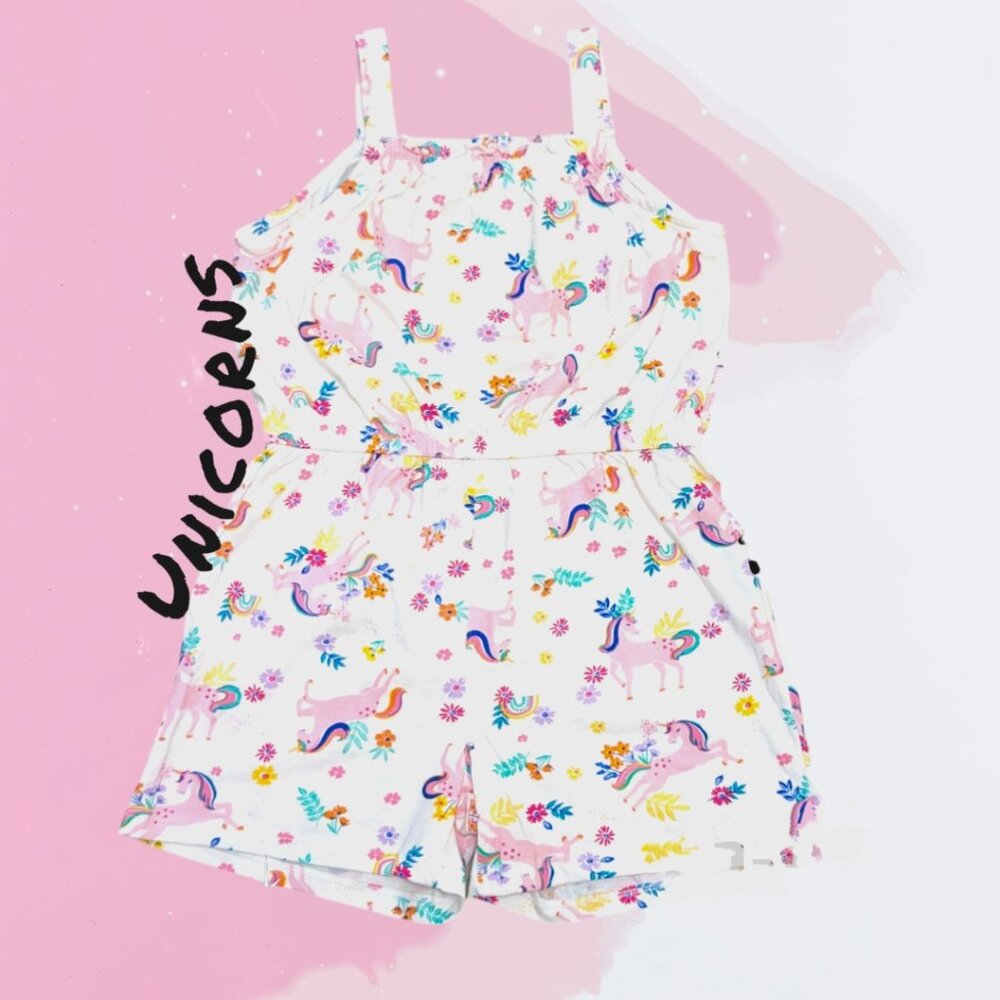 Anko Summer Romper Unicorns & Rainbow Thin Strap Jumpsuit soft cotton smock neck